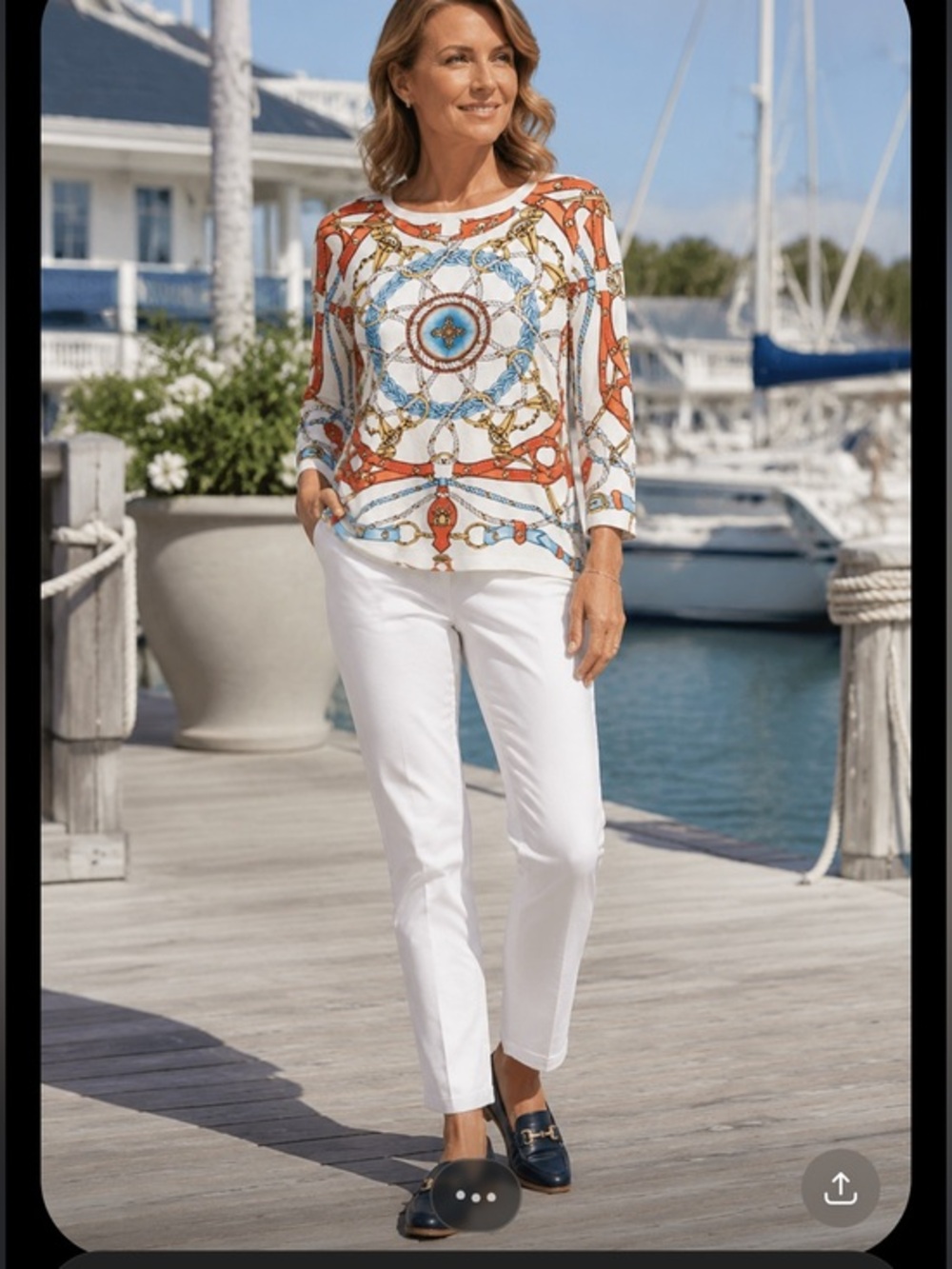 J. McLaughlin Rope Chain Print Catalina Cloth Top S White red green 3/4 Sleeve